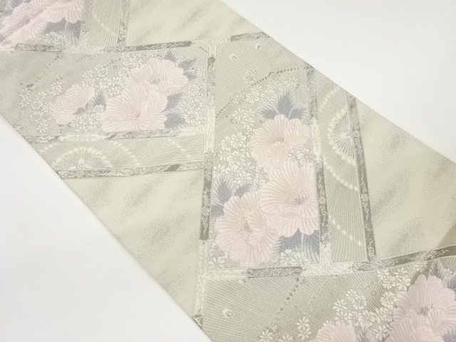 JAPANESE FUKURO OBI / PLATINUM FOIL / WOVEN FLORAL PLANTS